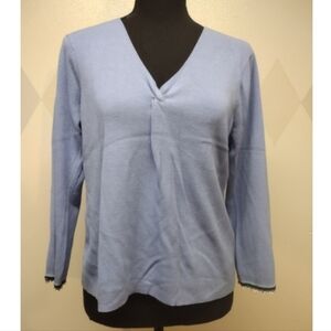 Sigrid Olsen light blue v-neck sweater with shell bead trim on cuffs